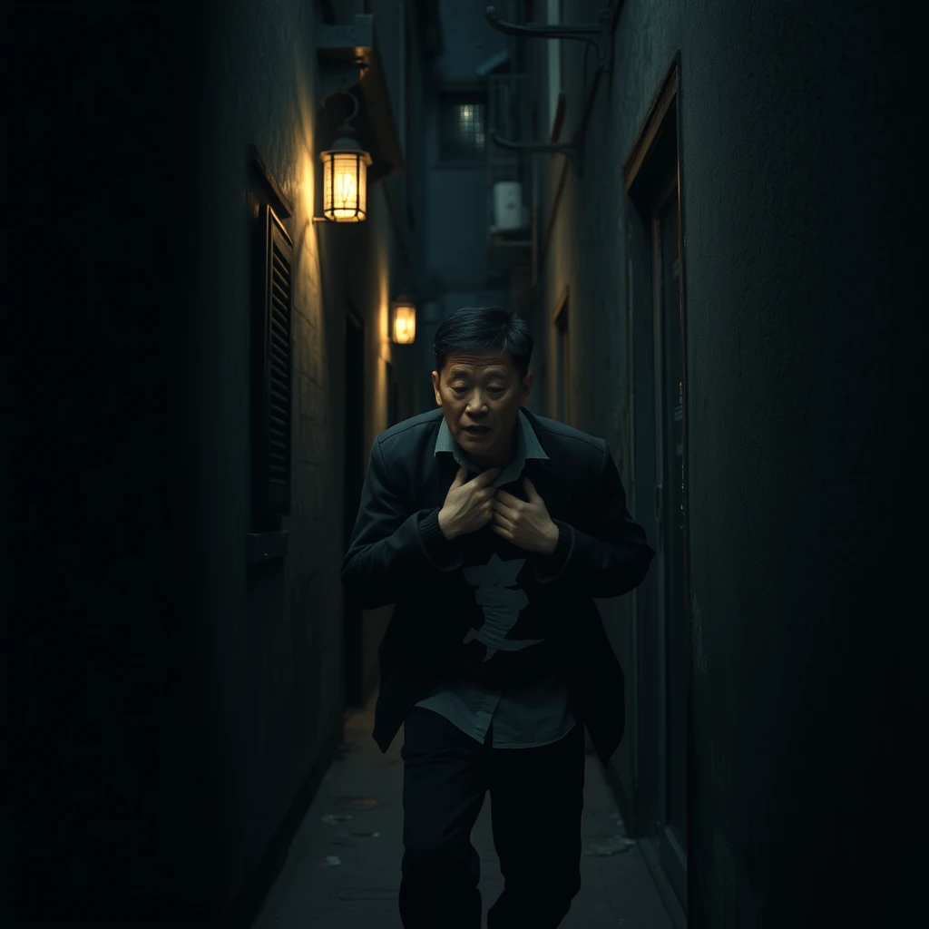 In the dark and narrow alley of an old residential building, Li Hanxiao, suffering from a heart disease, clutches his chest in pain, stumbling and fleeing.  
Scene Keywords: Dark, narrow alley.