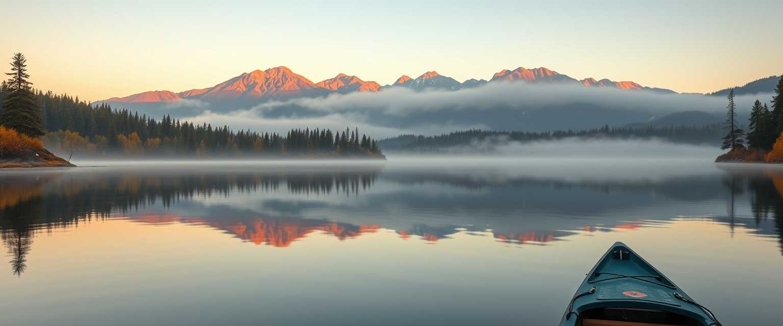 Peaceful, serene lake, mirror-like surface, misty morning, high quality, photorealistic, majestic mountains, pine trees, colorful autumn foliage, reflection, tranquil, secluded, remote, idyllic::0.7 kayaking, canoeing, rowboat, sunrise, sunset. - Image