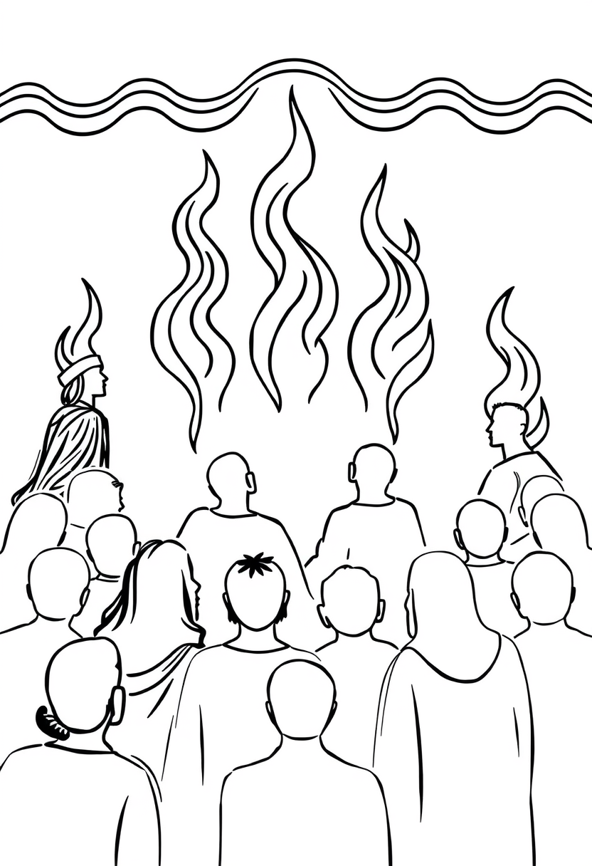 Coloring book page. Outline of Pentecost scene for coloring: Silhouettes of people with flame-like shapes above their heads. Arrange the people in a circular or semi-circular formation. Add wavy lines above to suggest a divine presence. White background, black and white drawing, sharp black lines.