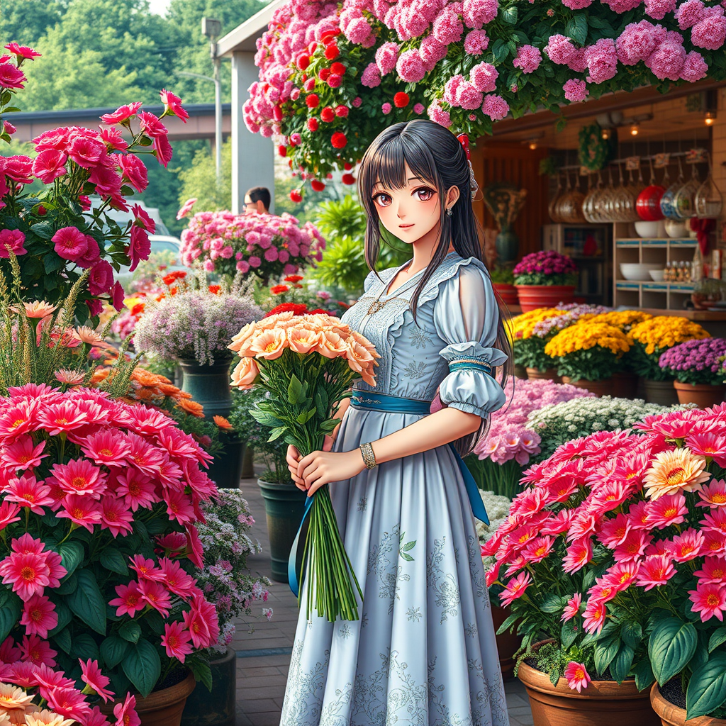 ((best quality)),((masterpiece)),(high quality:1.1),(wallpaper:1.1),full_detail,4k,HDR,1girl,beautiful,full body,outdoors,flowering shrubs,flower shop