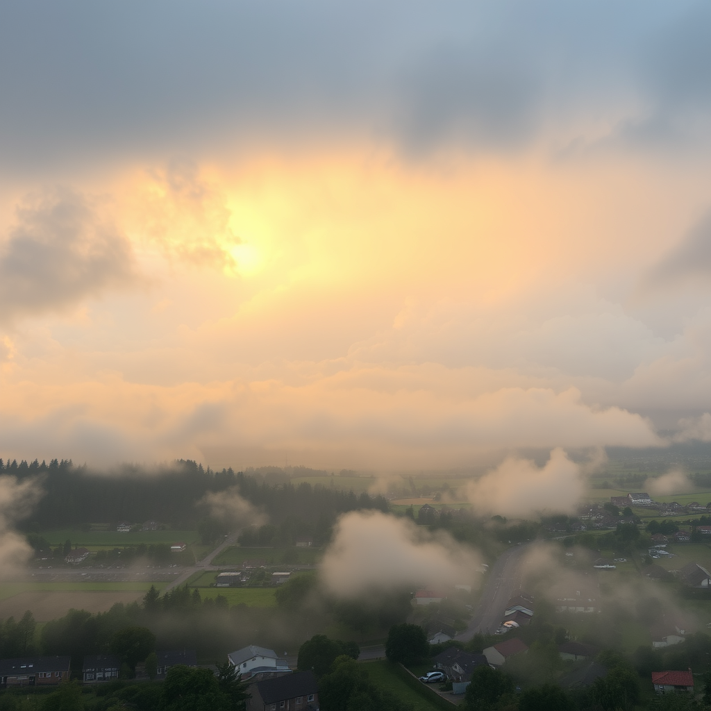 Peaceful rain storm in a heavenly town and countryside in the sky surrounded by pillowy soft clouds, with ambient golden light and everything has subtle clouds integrated into its structure.