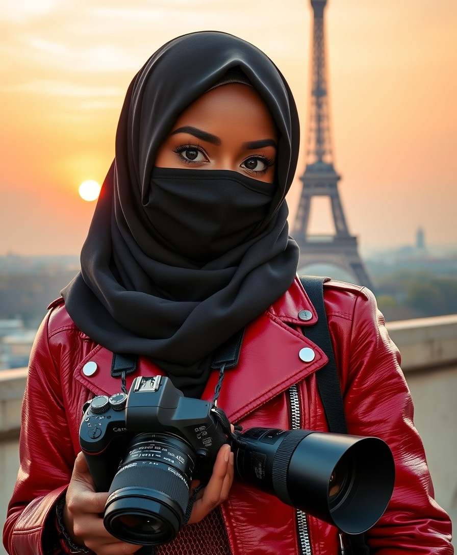 Biggest soft chocolate hijab Muslim girl, beautiful eyes, black face mask, red leather jacket, biggest skirt, holding a Canon DSLR camera, sunrise, morning scenery, Eiffel Tower, hyper-realistic, street photography.