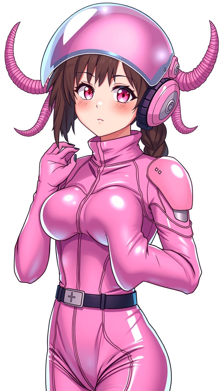 Ultra Detailed Character portrait, You're not wearing a helmet, Beautiful Pink space bodysuit, female, anime style, super glamorous space female pirate, Pink Clothes made of shiny vinyl, Pink space bodysuit, A view from the waist up to the head, The background is a simple white color, cute Feel like a villain, Bizarre suits like space alien designs.