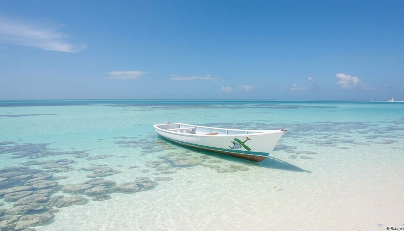 A tranquil beach with a glass-bottomed boat floating over a coral reef.