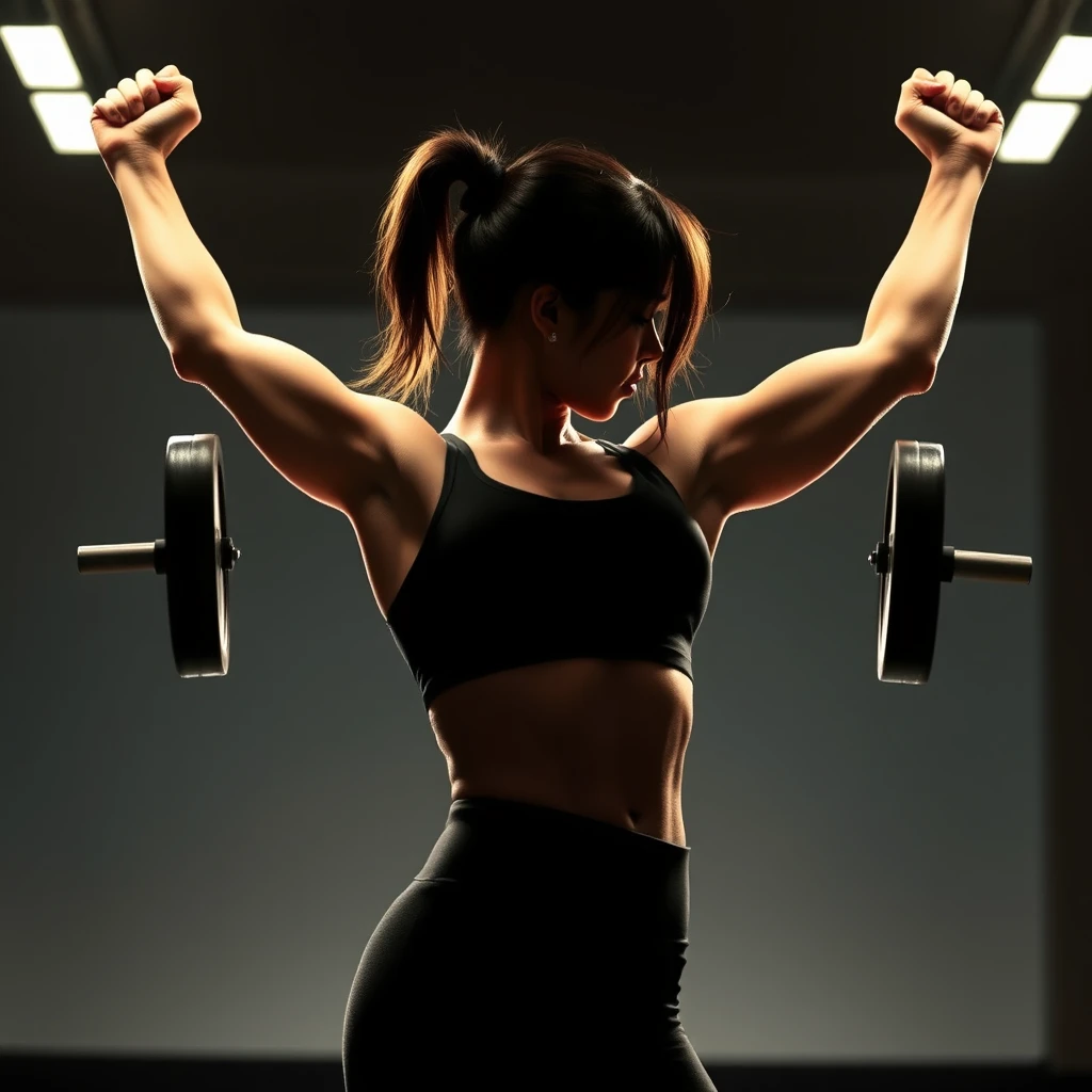 A dynamic silhouette of a woman lifting weights, emphasizing her muscles and strength, 22-year-old girl, Korean idol.