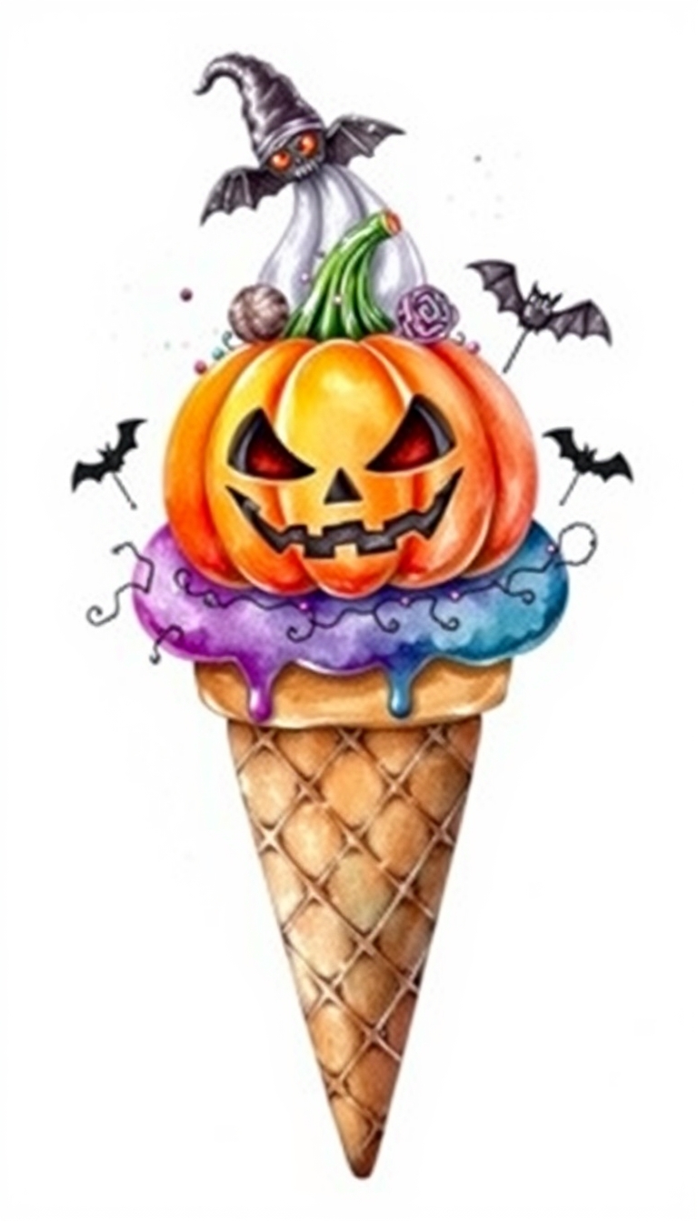 Ice cream cone, topped with Halloween-themed pumpkin face, spooky decorations, Watercolor style.