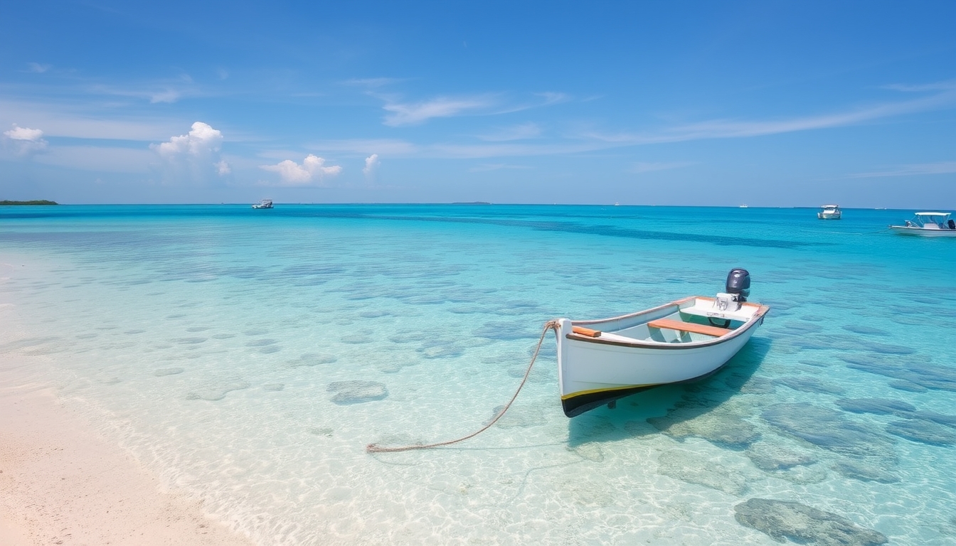 A tranquil beach with a glass-bottomed boat floating over a coral reef. - Image