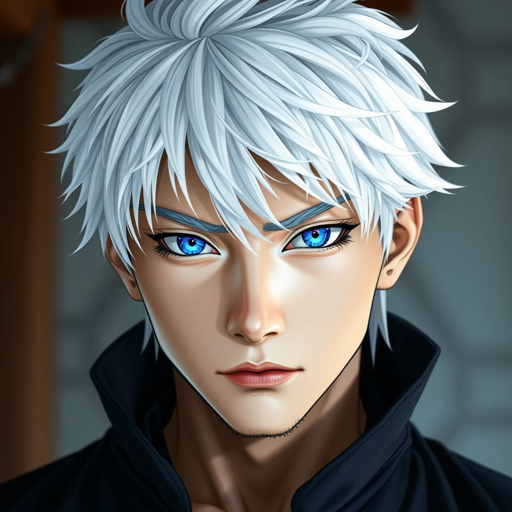 Asian guy with white hair, Gojo Satoru from Jujutsu Kaisen, with blue magic eyes, realistic RAW photo, guy looking at the camera. - Image