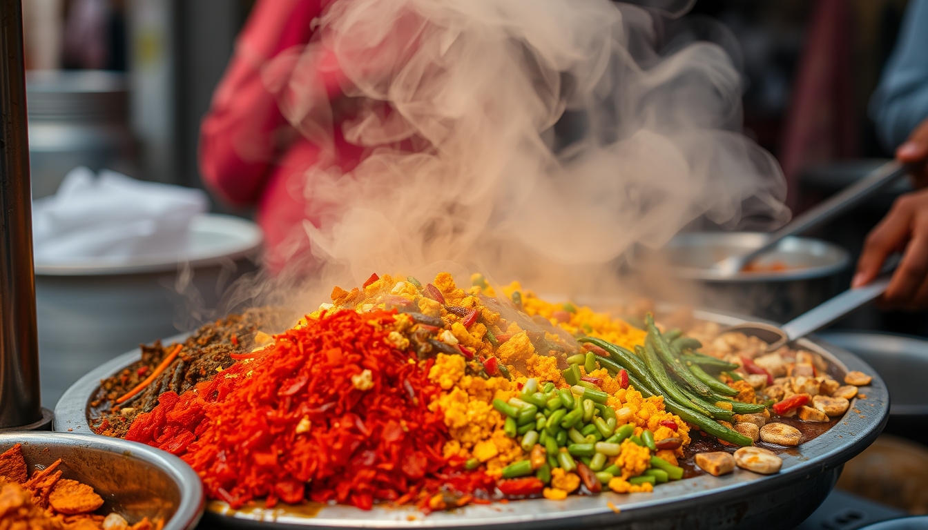 A close-up of a street vendor preparing a colorful and aromatic dish, with steam rising and vibrant spices on display.