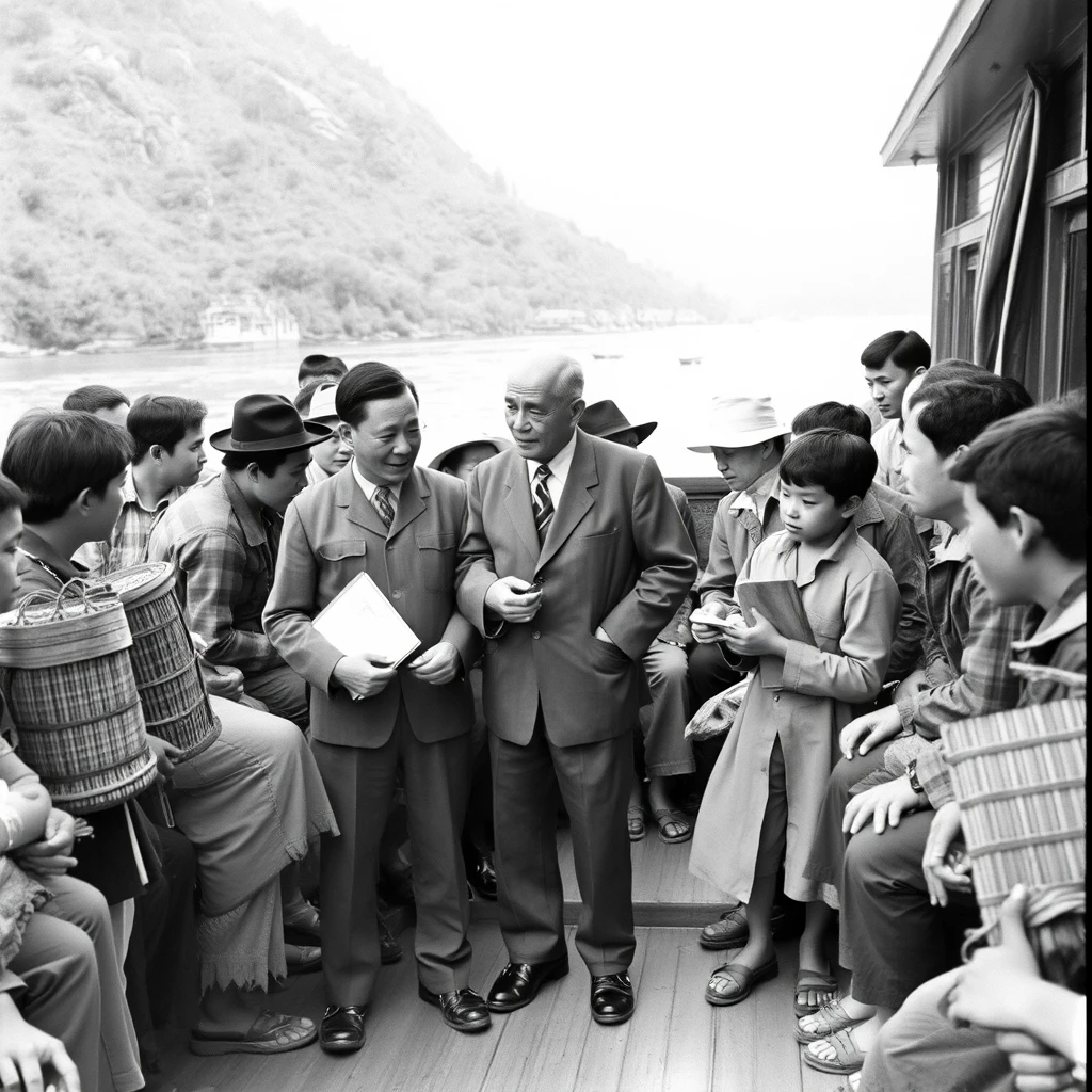 A black and white photo from the 1960s shows people chatting on a riverboat in Jiang, Sichuan Province, China. Among them is a middle-aged, very thin male teacher wearing a Zhongshan suit, and a high school boy holding a book. There are also many farmers with bamboo backpacks. Everyone appears very thin, dressed in rural clothing.