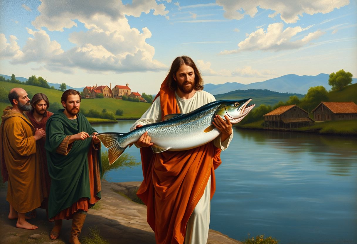 Jesus is standing on the bank of a river holding a large fish. Jesus is surrounded by his disciples. A village can be seen in the background. Oil painting in the style of Raphael. - Image