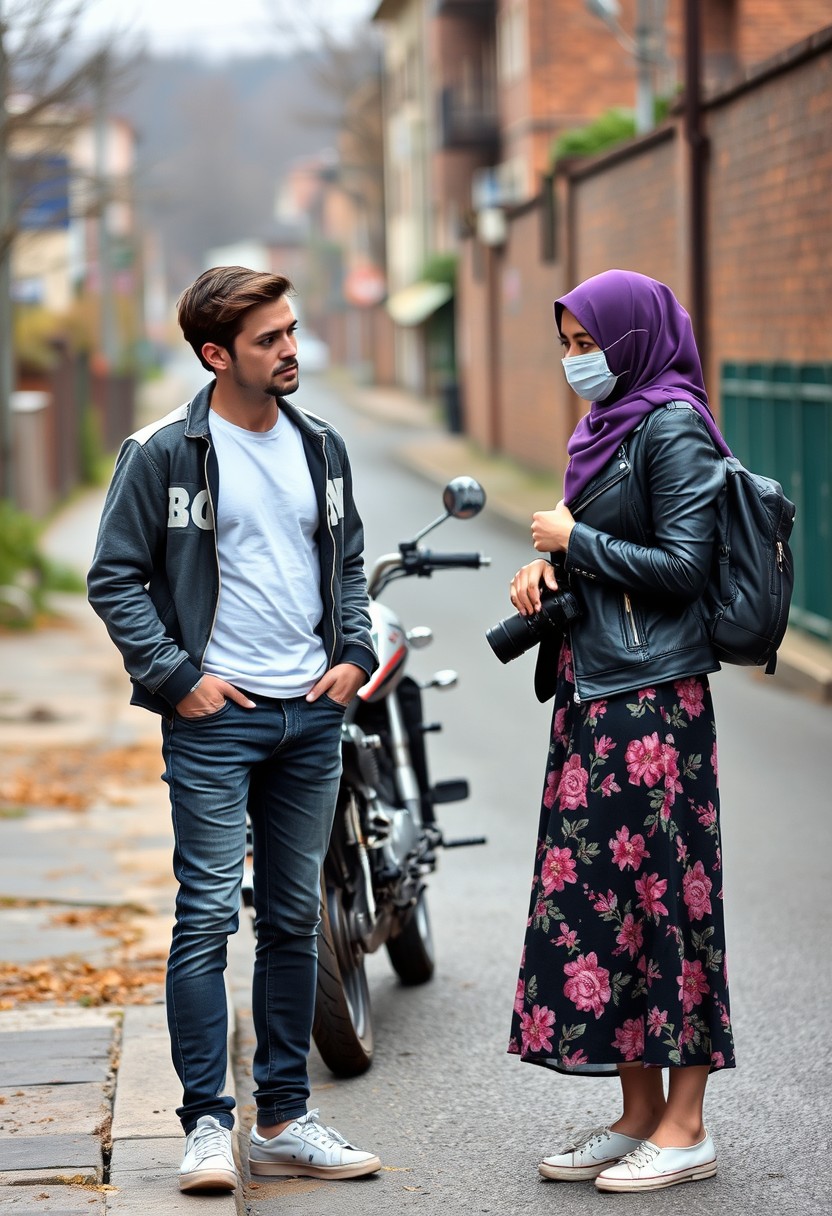 Jamie Dornan and Freddie Prinze, head and body shot, handsome, young, serious face, dark brown hair, white t-shirt, college jacket, skinny jeans, sneakers, standing, discussing each other with a not tall purple hijab Muslim girl, beautiful eyes, face mask, black leather jacket, biggest floral skirt, holding a DSLR Canon camera, near town road, superbike, hyper-realistic, street photography, brick wall, full body photo.