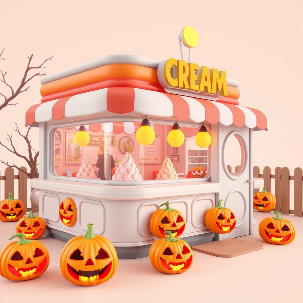 Ice cream parlor with jack-o'-lanterns, festive Halloween theme, 3D illustration. - Image