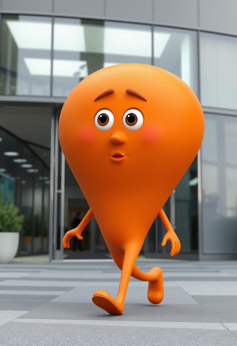 3D Pixar-style character with a smooth, inverted triangle round body shape, colored in bright orange. The character has a broad upper body tapering to a narrow bottom, with eyes, nose, and mouth all within the inverted triangle body. The character is walking into an office building. The character’s body is an inverted triangle shape, wide at the top and narrowing towards the bottom. - Image