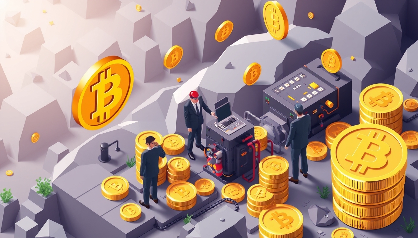 Isometric illustration showcasing business people, miners, and coins, highlighting Bitcoin