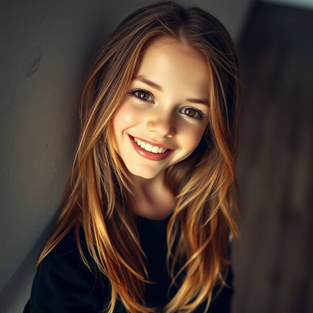 Realistic photograph full-length portrait of a stunning girl, dynamic angle, there's only light shining on the face having a bright smile and expression with brown eyes, leaning her long messy light brown hair and standing against a wide floor wall. - Image