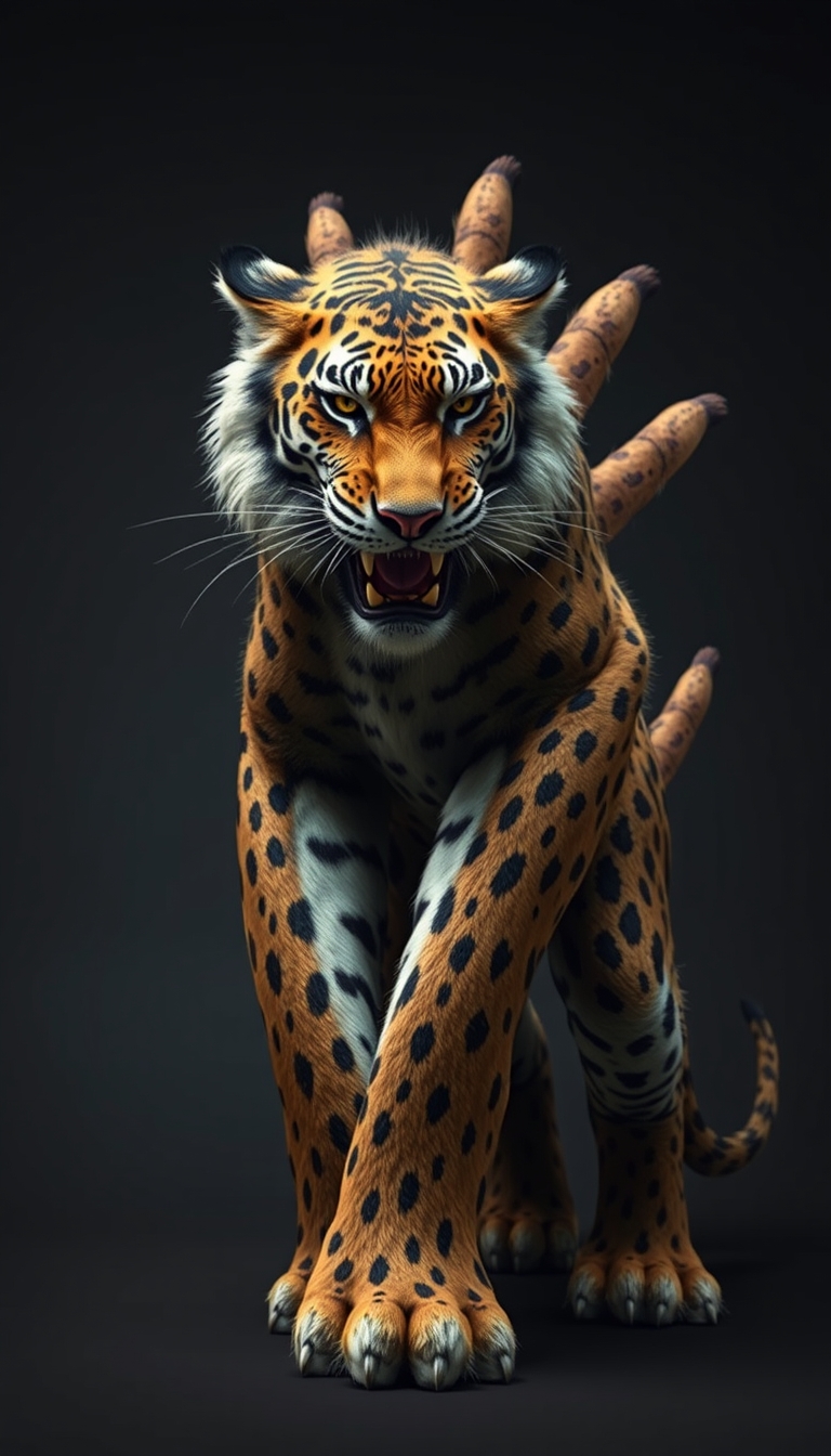 (Ultra realistic) a monster that has a tiger head, leopard body pattern, and 5 lion tails.