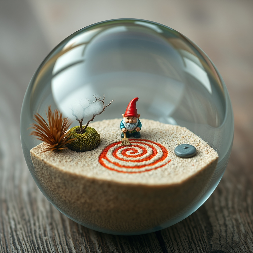 A close-up view of a glass sphere that has a zen garden within it. There is a small dwarf in the sphere who is raking the zen garden and creating reddit patterns in the sand.