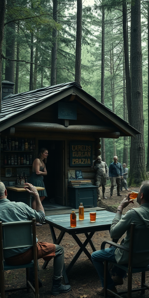 Real-life photography: In the forest, there is a wooden cabin where a female barbarian is selling alcohol, and a dressed zombie comes to buy some. Next to the cabin, there are tables and chairs, with zombies sitting and drinking.