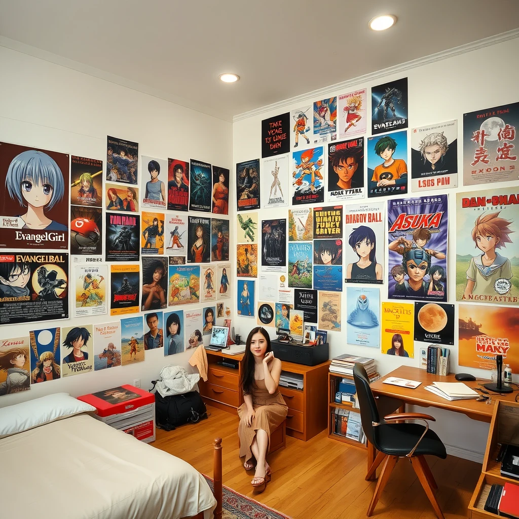 A large room with one wall covered in many posters, including a poster of Gua Zhenghe's "Movie Girl," a poster of Neon Genesis Evangelion, a poster of Dragon Ball, a poster of Asuka, and a poster of Castle in the Sky. The room also has a bed and desk with chairs. There is a beautiful woman sitting in the room.