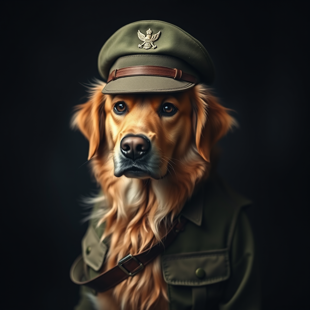 Soldier uniform wearing golden retriever, dog photography, dark aesthetic