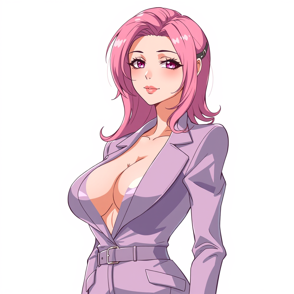 Anime art of a motherly woman, pink hair, large breasts, reflection on the suit, detailed body, standing, white background, stunning details, trending on artstation, anime artwork, anime cel shading - Image