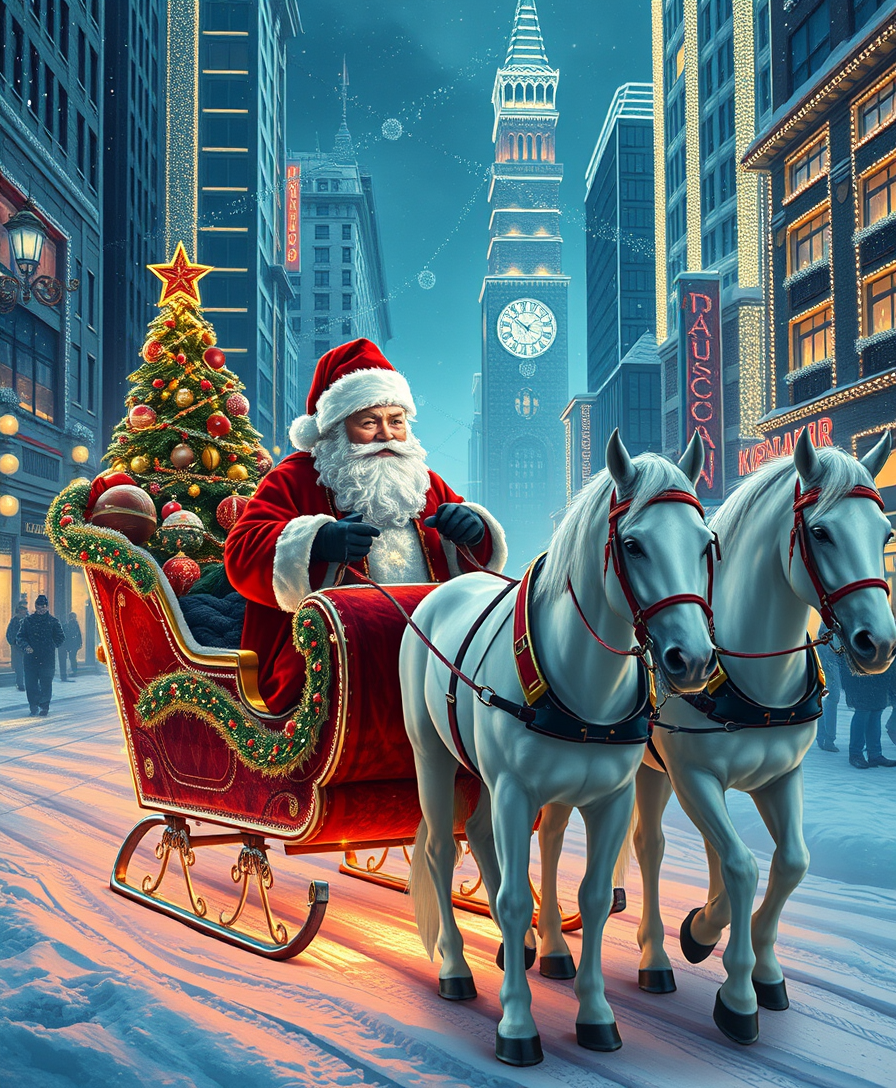 Russian Snow Grandfather rides in a festive sleigh with charming Snow Maiden, pulled by three white horses through a futuristic city decorated with Christmas lights. - Image