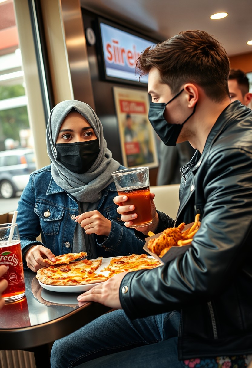 Jamie Dornan's head and body shot, handsome, young, black face mask, blue jeans jacket, jeans, dating a Muslim girl in a grey hijab with beautiful eyes, black face mask, black leather jacket, biggest floral skirt, at a fast food restaurant, plate of cheese pizza slices, plate of Korean fried chicken and fries, glass of soft drink, eating with three other random smiling friends, photorealistic, hyper-realistic, street photography. - Image