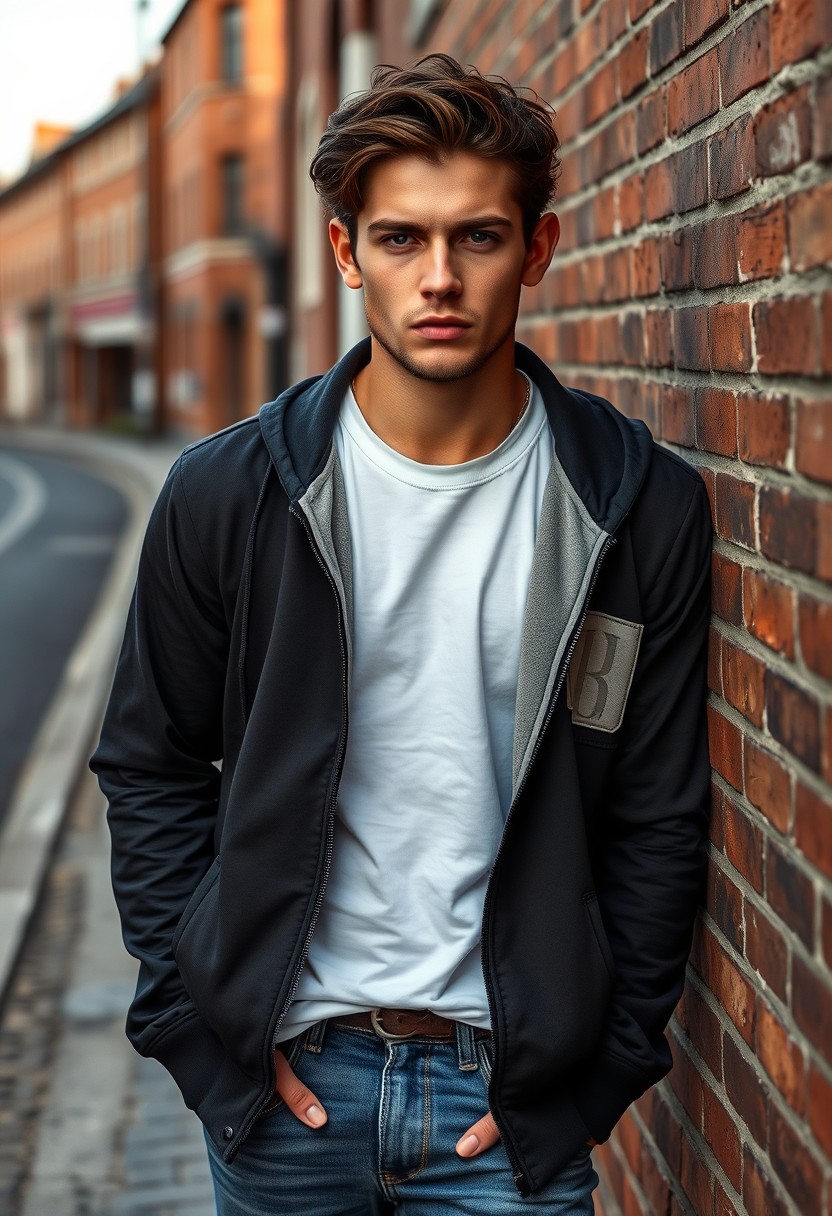 Jamie Dornan head and body shot, handsome, young, serious face, dark brown hair, white T-shirt, college jacket, skinny jeans, sneakers, standing in a hot style, making pouting lips, near town road, leaning against a wall, hyper-realistic, street photography, brick wall, full body photo. - Image