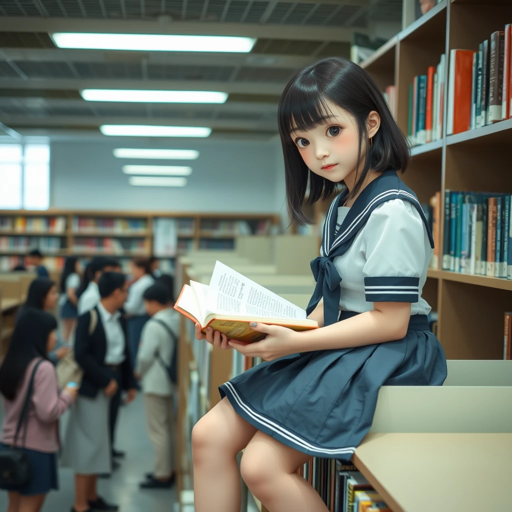 Real person photography, in the library, there is a Japanese female student wearing a school uniform skirt (with white skin) who is sitting on top of the bookshelf and reading a book. There are many people in the library. The main character is in the upper right corner of the frame. - Image