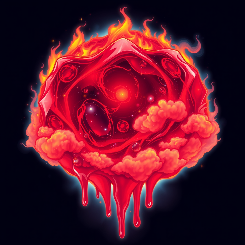 A tee shirt design of a beautiful ruby red kingdom in the clouds on fire with beautiful liquid red ruby dripping with flames. The ruby has subtle colorful embers burning in the ruby. Inside of the ruby should be reminiscent of beautiful galaxies perfectly blended with chaos. Striking and otherworldly on a transparent background, the flames should have an outline of a beautiful blue ethereal glow.