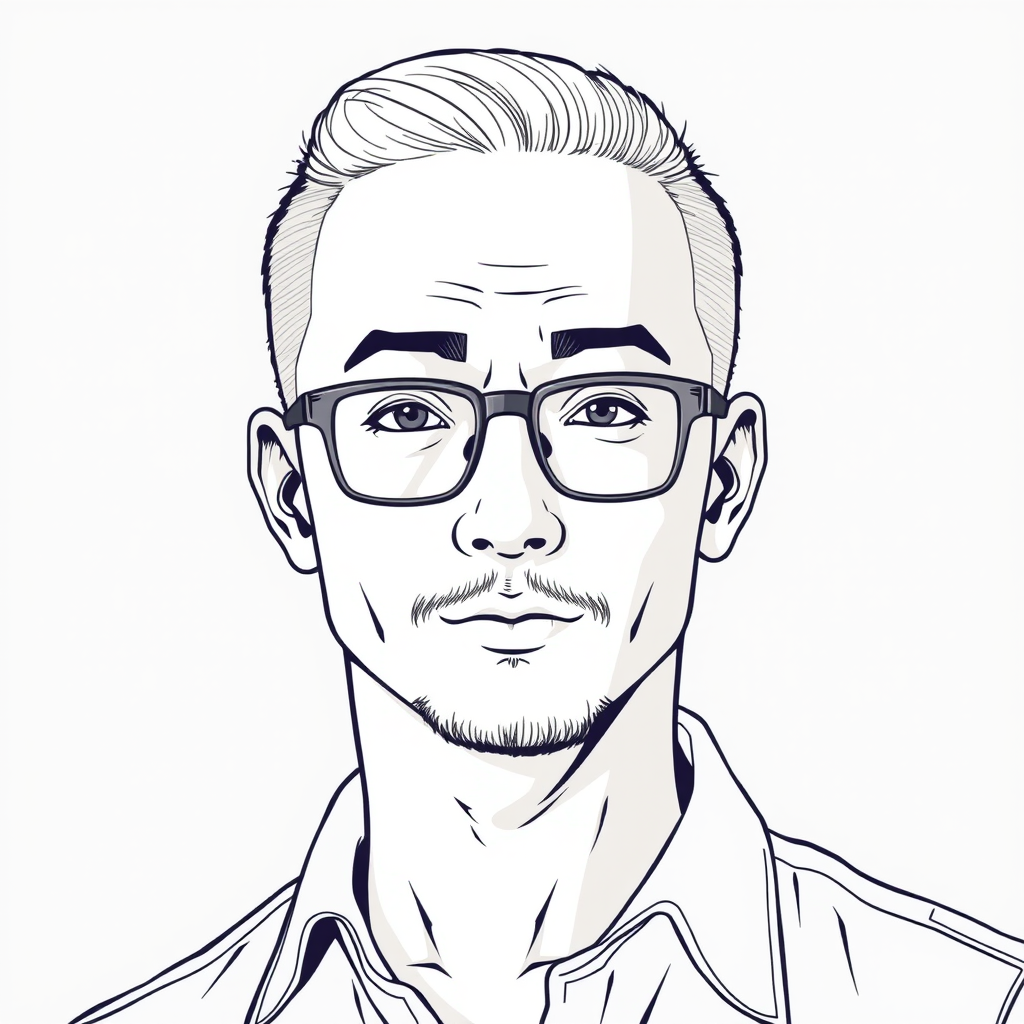 "Create a cool line drawing of a man around 35 years old, with a crew cut hairstyle and a sturdy build. He is Asian, wearing framed glasses, has a bit of stubble on his chin, and is dressed in a shirt. His demeanor has a bit of a rogue charm, while also showing some refinement."