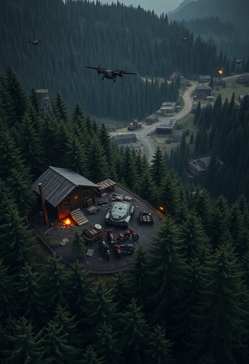 Photo realistic drone shot in a thick evergreen forest of a wooden outpost next to a cabin, a small campfire, a pile of rusty parts, some old motorbikes, an old armored vehicle, a wooden watchtower all on a large hill with satellite dishes next to a radio tower, all in a hilly landscape. There are yellow, orange, red and faint green glows emmiting from the cabin and the outpost. In the distance there's an old overgrown town with brick buildings that's barely visible, with only faint glows emmiting from a few of the windows and a small campfire barely visible. Sprinkled in the distance are small and slightly hidden outposts, old structures, radio towers, shacks, and watchtowers. Faint explosions and gunshots in the far distance accompanied by many dogfighting warplanes and arrays of incoming bomber planes and tanks. The entire landscape is covered in a jungle of tall evergreen trees, with occasional wet gravel and rich dirt roads winding through. The weather is warm, rainy, and cozy under a cloudy sky with a post-apocalyptic atmosphere and retro liminal feeling to it.