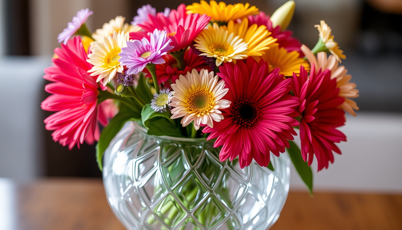 An intricate glass-blown vase filled with fresh, vibrant flowers. - Image