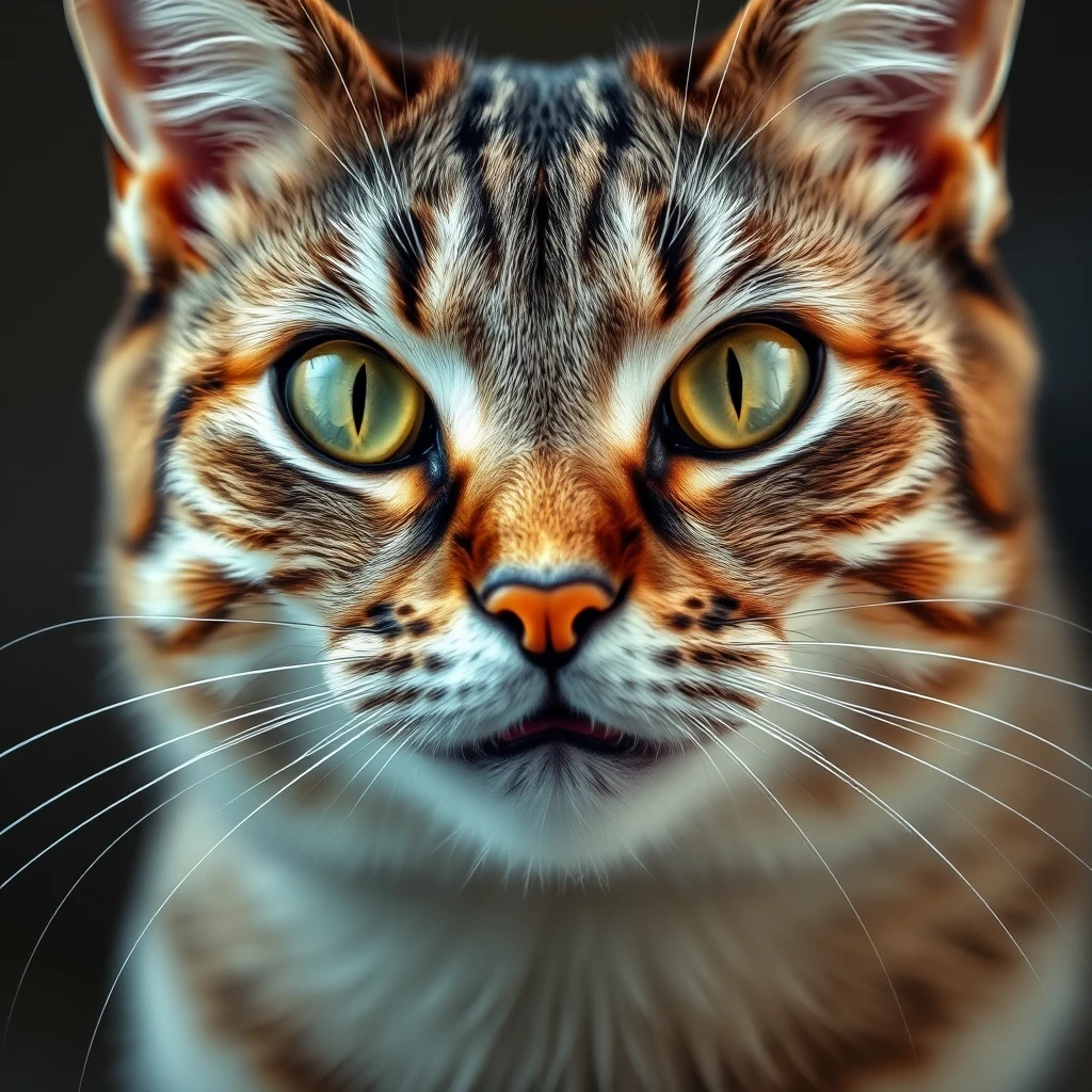 Hyper-realistic portrait of an intelligent cat, eyes gleaming with wisdom, mouth slightly open as if speaking, intricate fur texture, 8K ultra-high definition. - Image