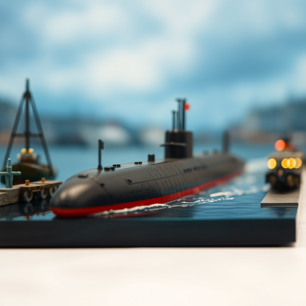 Diorama photo of a submarine that just arrives at the harbour, 105mm Focal Length, bokeh, Robert Capa Style