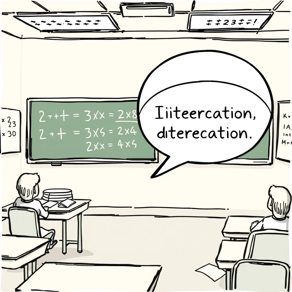 "Please draw the scene of the math classroom and a speech bubble of the teacher explaining differentiation." - Image