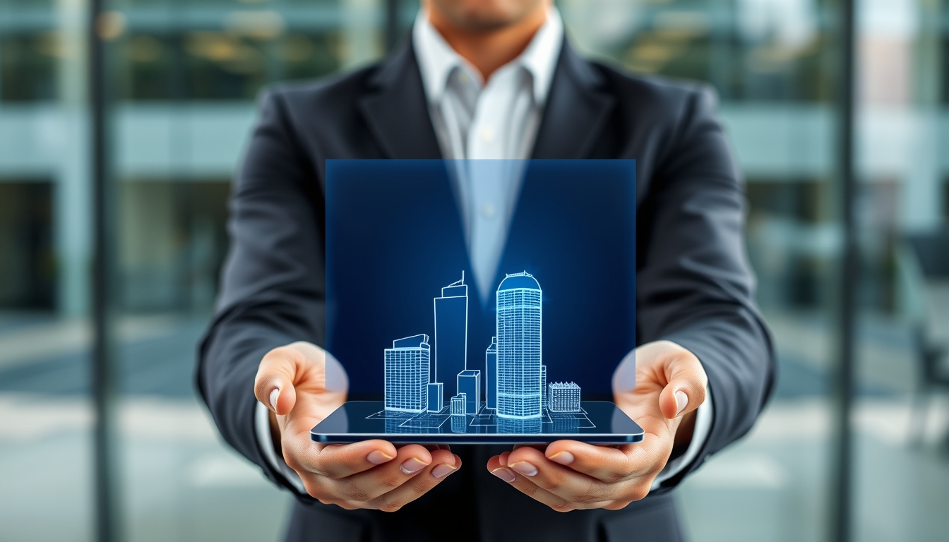 A Real Estate Agent Holding a Hologram with a City Model on the Screen - Image