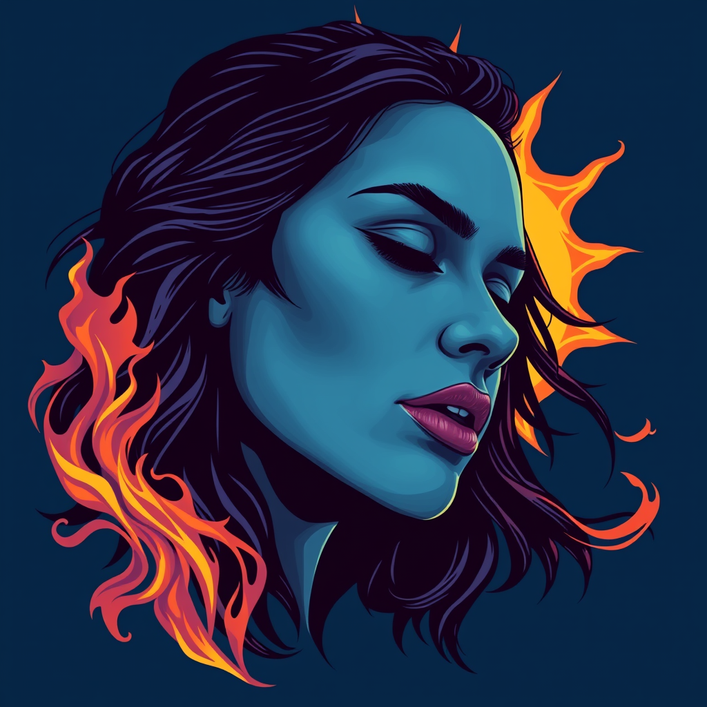 A tee shirt design featuring a close-up of a woman's face, inspired by the sun, evoking a sense of passion with whipping flames as accents, while maintaining a cool, almost melancholic color palette. The design should include deep blue, possibly with hints of purple, but overall it should look soulful, representing a deep, passionate, and soulful embodiment of the sun. - Image