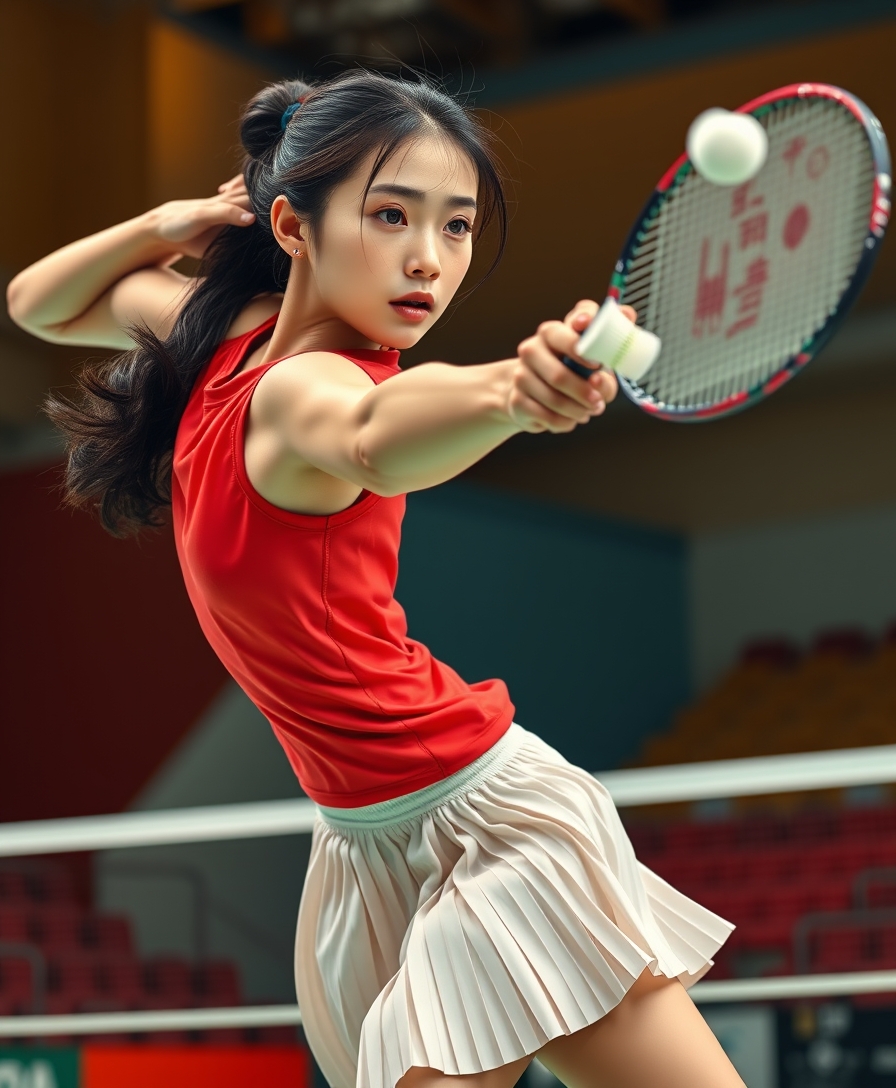 A detailed, realistic portrait of a young woman playing badminton in an indoor sports arena. The woman is wearing a bright red jersey and is mid-swing, her body in a dynamic, athletic pose as she focuses intently on the shuttlecock. The background is blurred, with glimpses of the court, net, and spectator stands visible. The lighting is natural and directional, creating shadows and highlights that accentuate the woman's features and muscular definition. The overall composition conveys a sense of energy, movement, and the intensity of the game. The image is highly detailed, with a photorealistic quality that captures the textures of the woman's clothing, skin, and the badminton equipment. 

A woman with a beautiful face like a Japanese idol, she is wearing a white pleated skirt.

Badminton rackets and shuttlecocks with dynamic swings and motion blur.
Depiction of the human body with a flawless personality. - Image