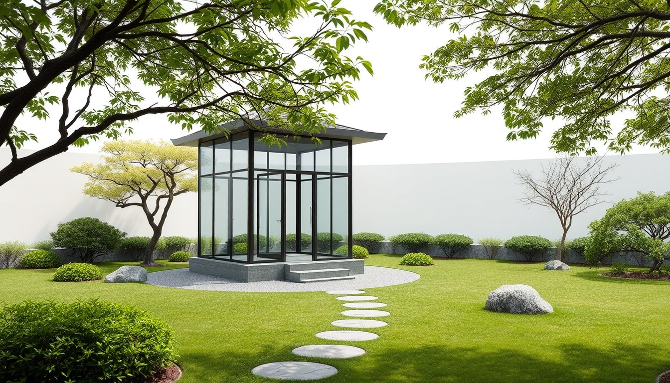 A tranquil zen garden with a glass meditation pavilion at its center.