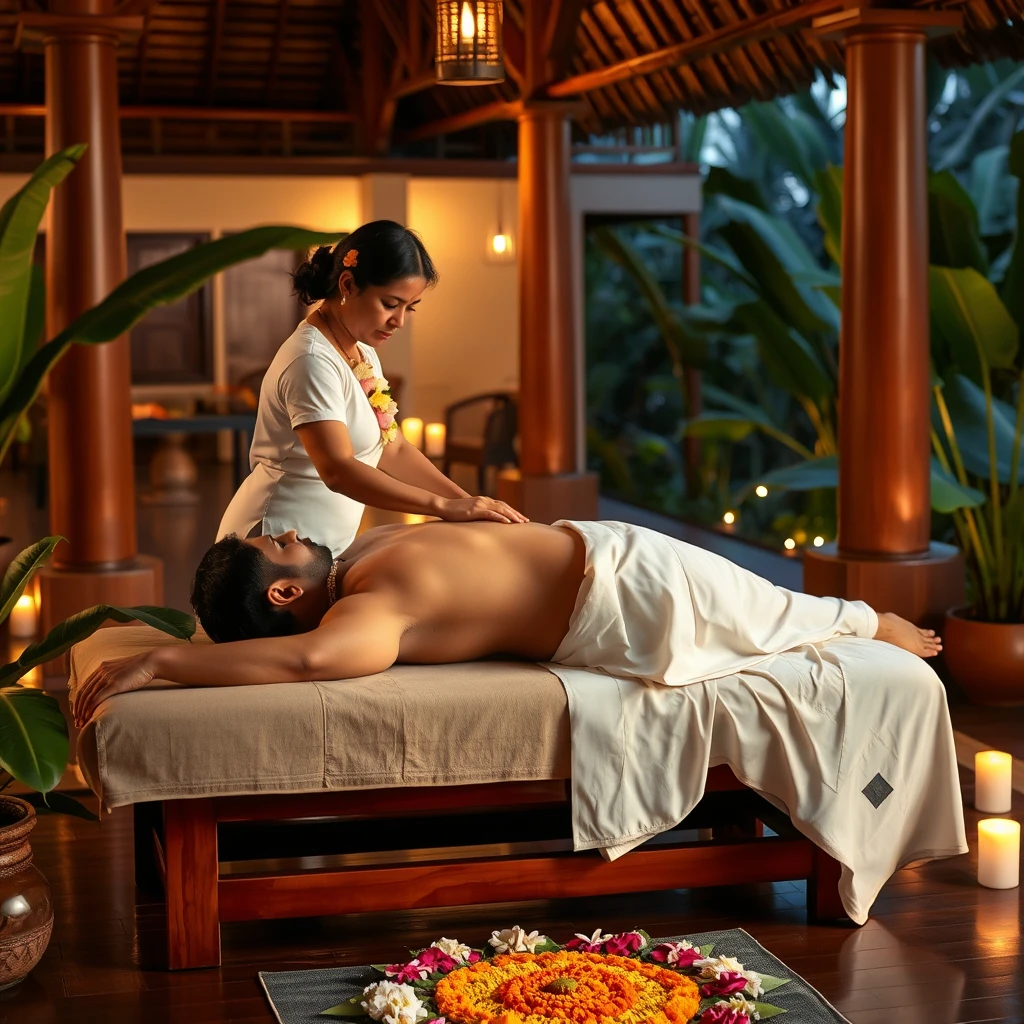 A serene Kerala spa scene during Onam. A Kerala lady in a simple spa uniform, adorned with a small floral garland, gently massages the back of a Kerala man lying on a wooden table, with his face turned away. The man wears a white dhoti. The setting includes Onam elements like a pookalam (floral design) on the floor, banana leaves, coconut trees, and soft candlelight. Traditional Kerala architecture with wooden pillars and a thatched roof forms the backdrop, while warm, soft lighting enhances the festive, peaceful, and authentic atmosphere.