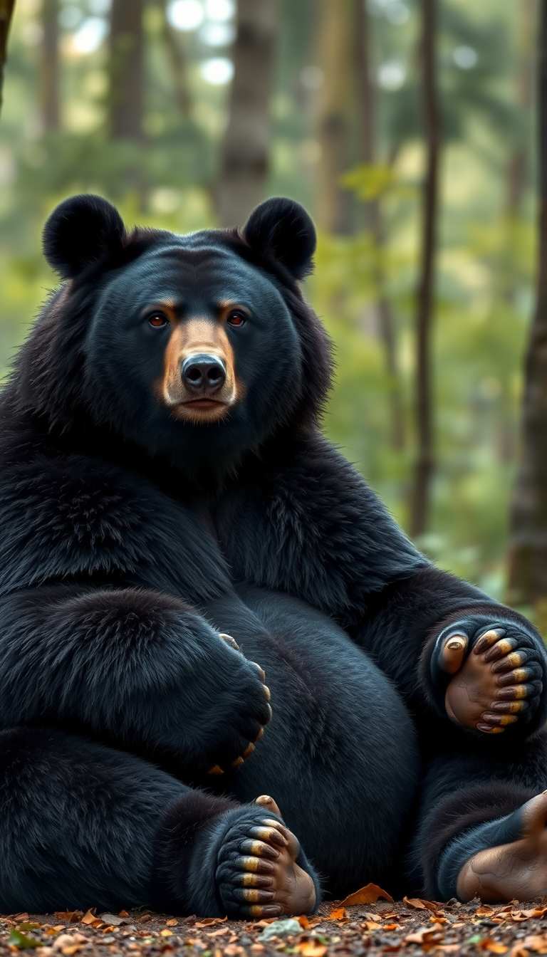 Photorealistic, fat black bear. Sitting in the forest. Big paws held forward.