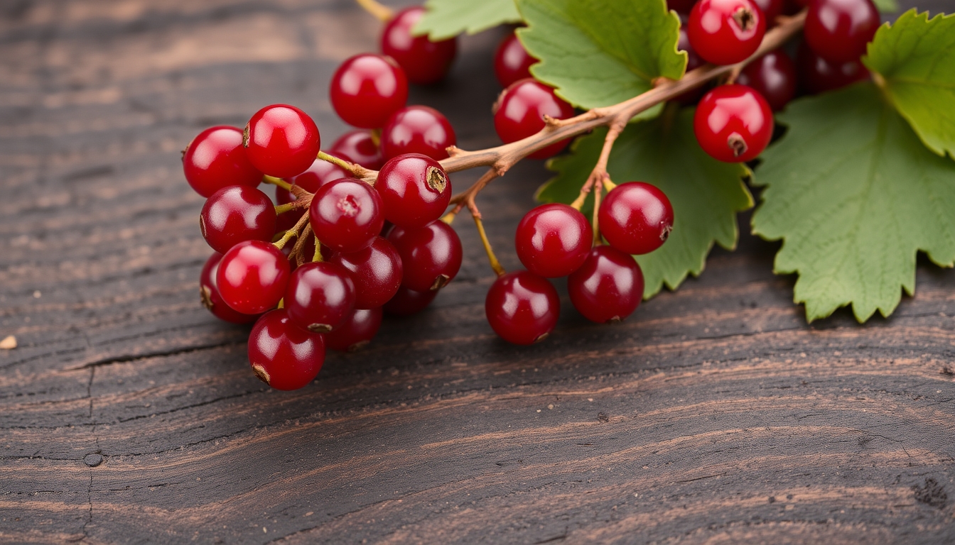 Red currant berry close up on dark wooden planks