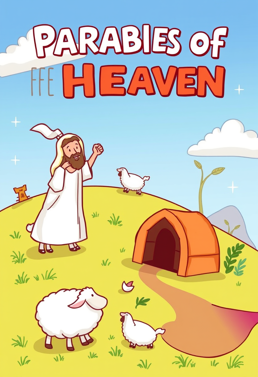 Depict various parables of heaven, such as the lost sheep and the mustard seed, in a colorful and engaging way. Cartoon style, thick lines, low details, no shading.