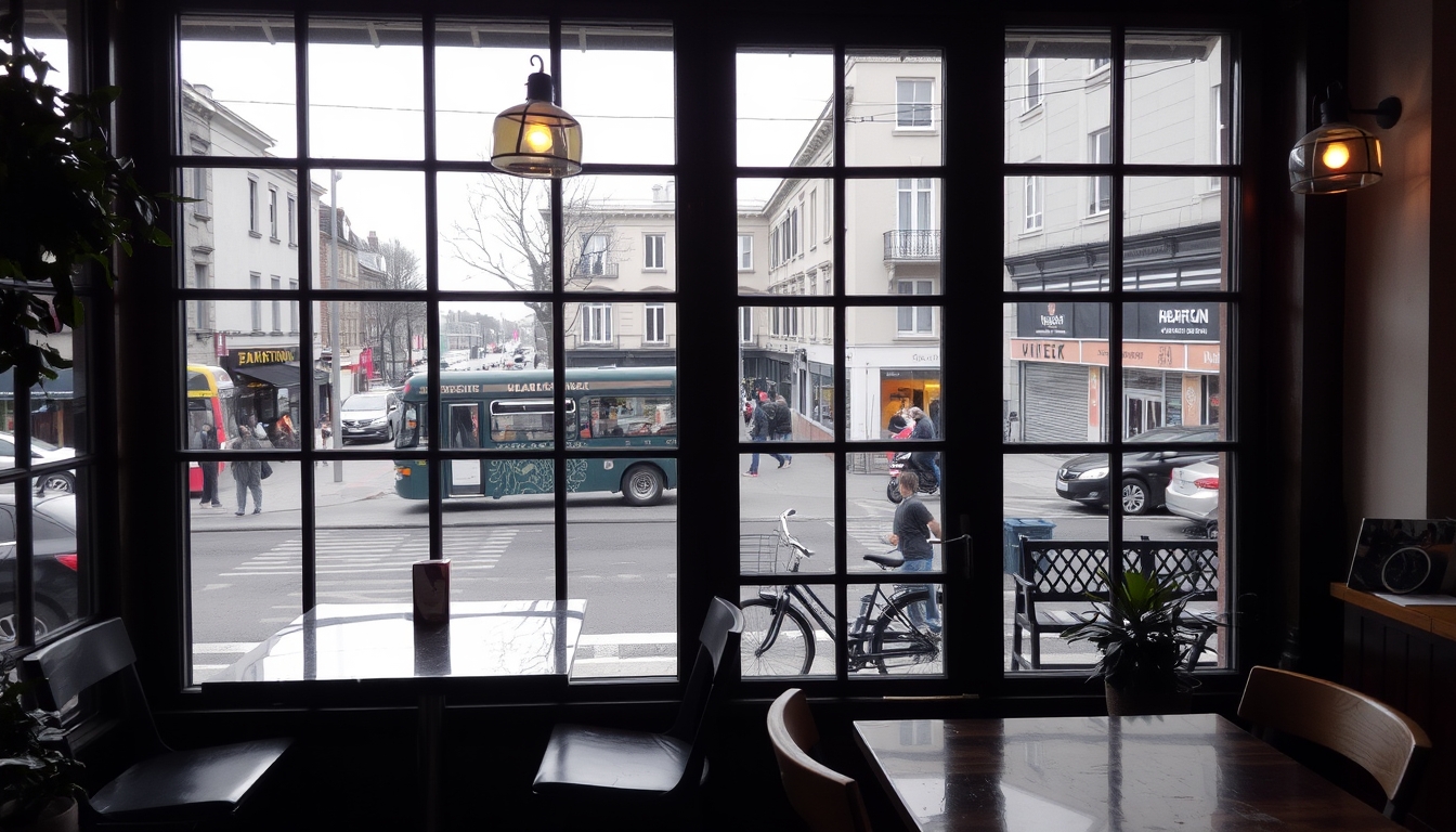 A cozy café with glass walls, offering a panoramic view of a bustling street. - Image