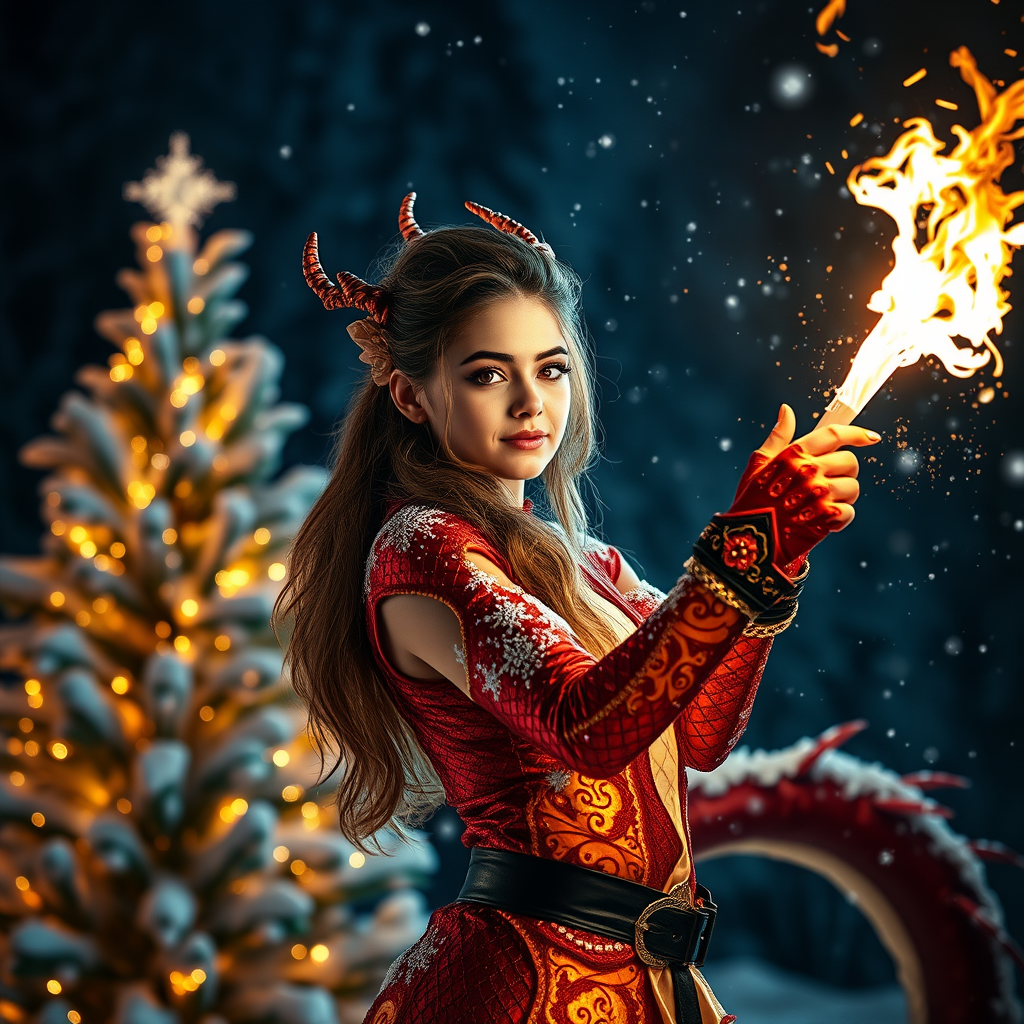 Realistic art professional photo of a young beautiful woman fashion model in a dragon fire costume, Christmas tree, winter, snow, sparkles, lights, winter forest, cinematic, detailed, ((night light)), ((night scene)), (((dramatic light))), dark sky - Image