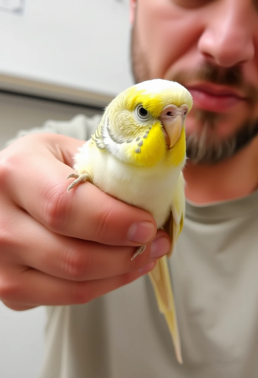 Man holding a budgie tightly and aggressively, low resolution, 480p, screenshot.