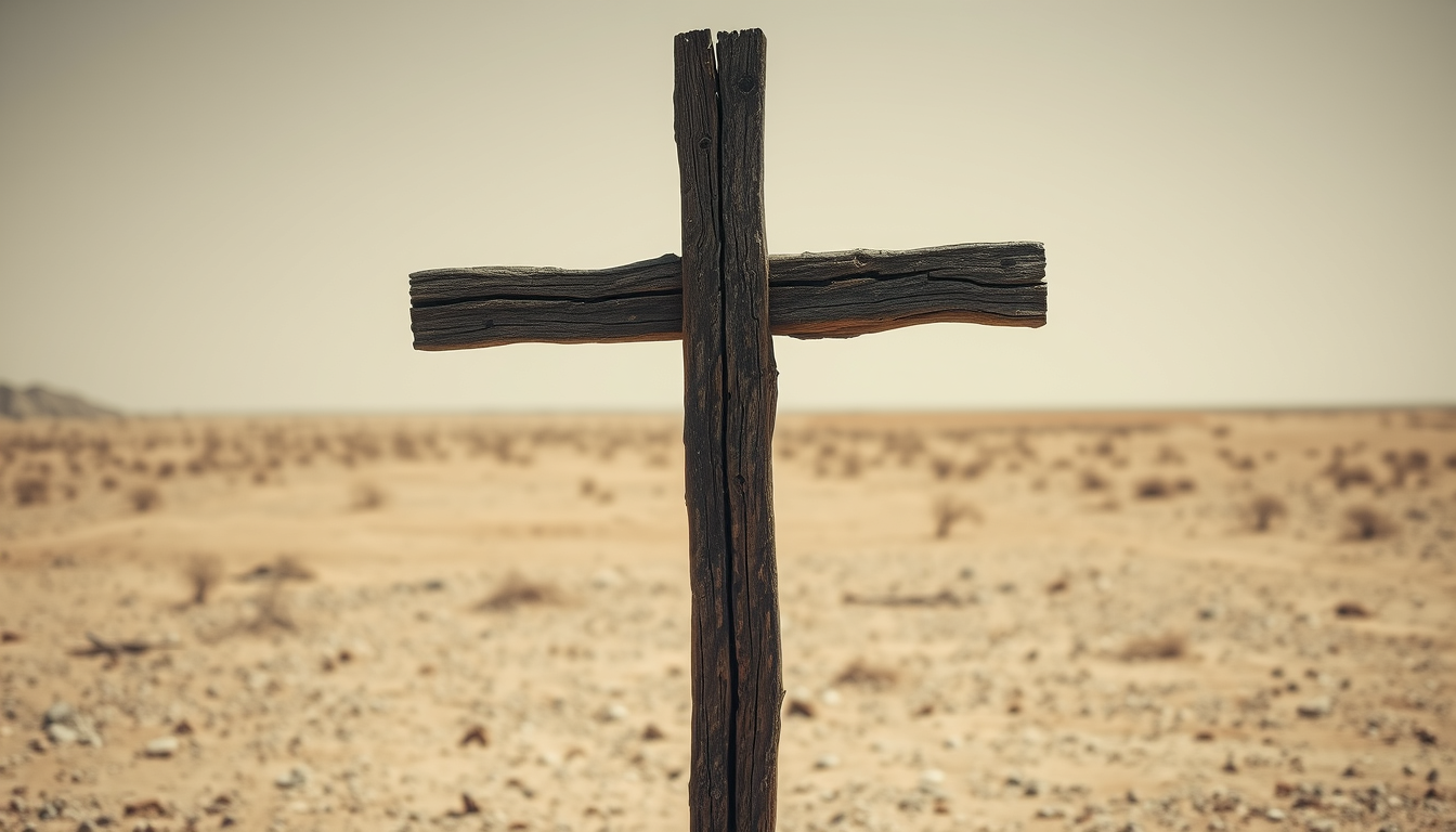 A cross made with the visibly wet rotten wooden planks. The cross is standing in a barren desert landscape. The overall feel is depressing and desolate.