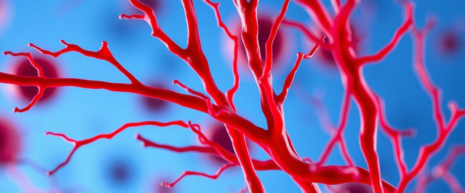 A close-up of red blood vessels with a blue background. - Image